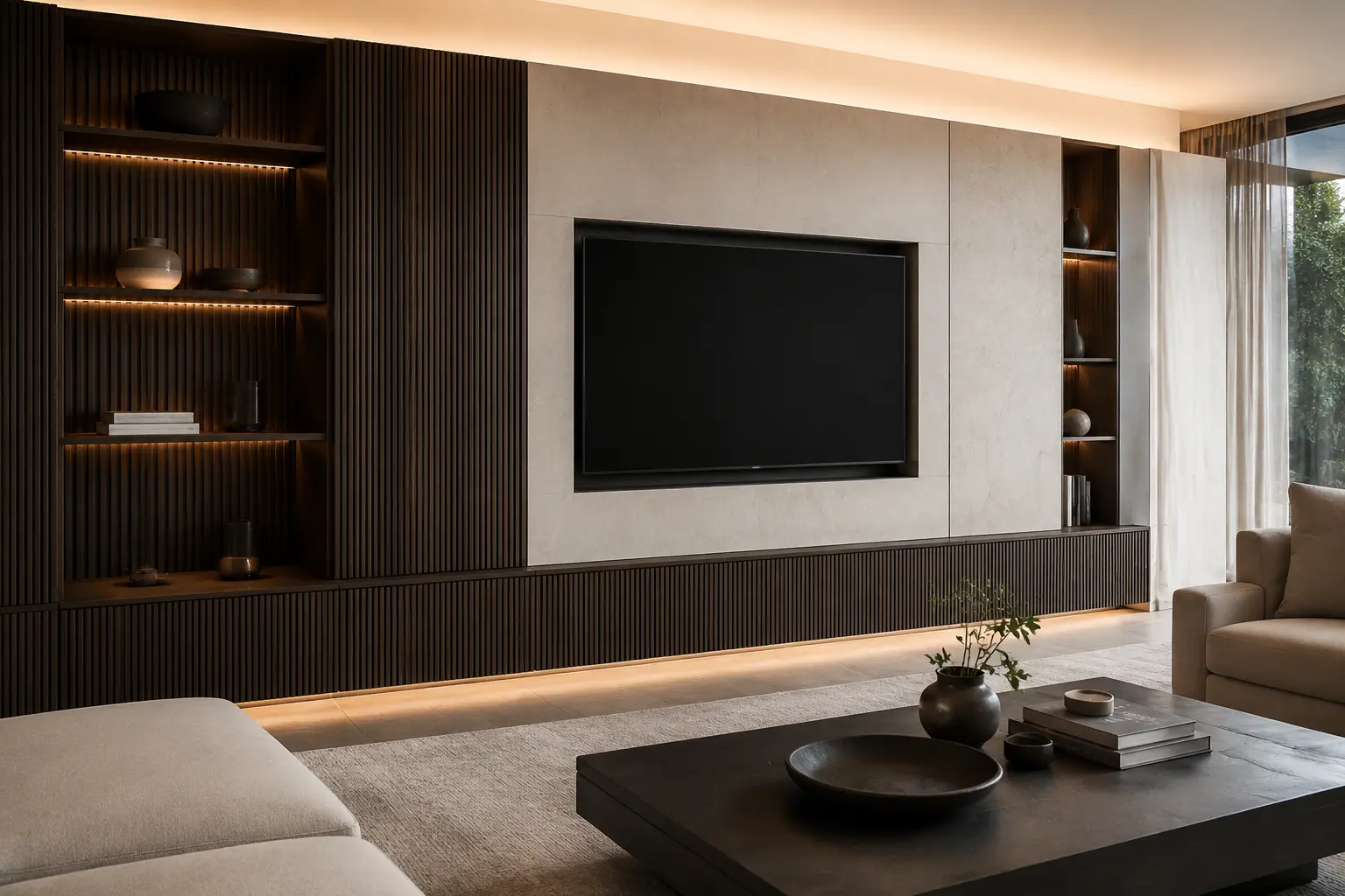 Bespoke media wall with integrated storage and lighting