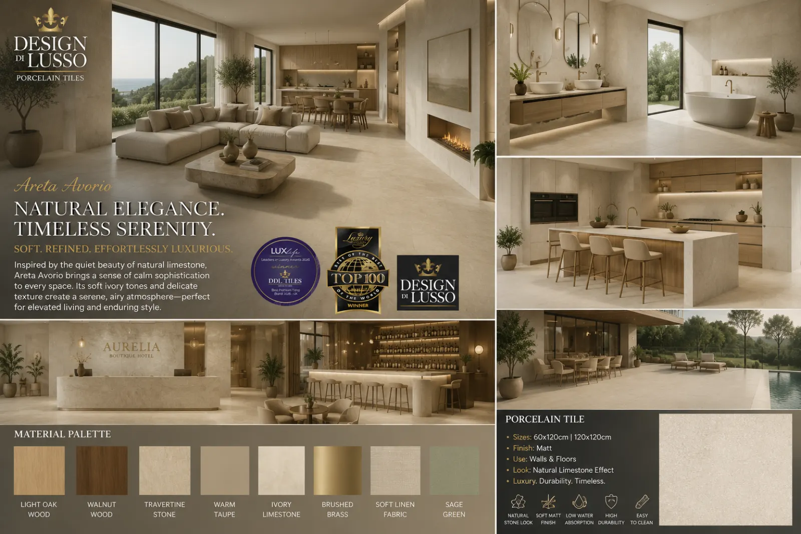 Limestone Poise: Avorio Areta tile mood board